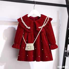女童红色翻领珠珠加绒洋装2024冬装新款儿童洋派公主裙宝宝年服