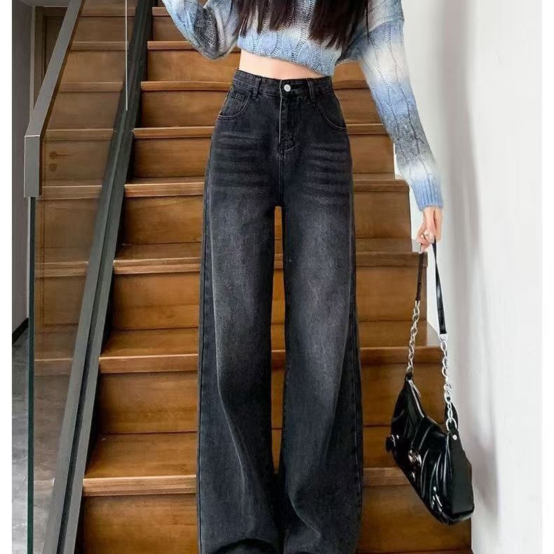 High Street Retro Black and Gray Straight-Leg Jeans for Women, Autumn 2026 New High-Waisted Slim-Fit Loose Wide-Leg Pants High Street Retro Black and Gray Straight-Leg Jeans for Women, Autumn 2026 New High-Waisted Slim-Fit Loose Wide-Leg Pants