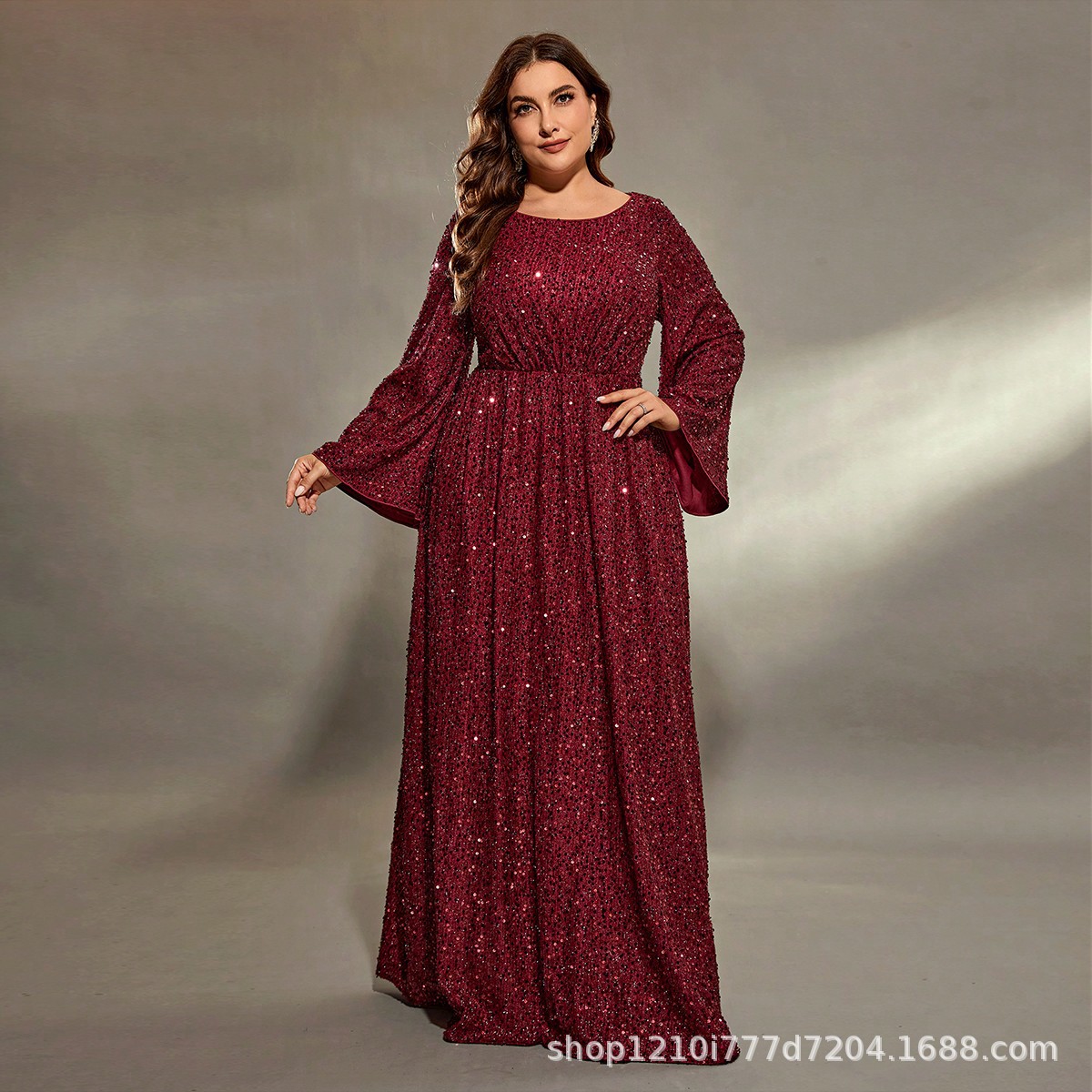 European and American Cross-Border New Large Size Evening Dress Sequined Elegant V Neck Mid-Sleeve Large Hem Slim Dress Banquet Dress