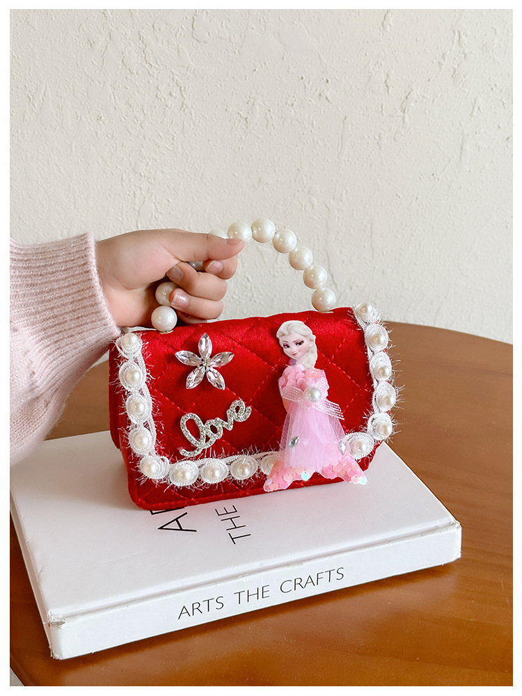 Bolsa de Año Nuevo, bolsas de Año Nuevo rojas de chicas, bolsas de accesorios de mano de perlas princesas