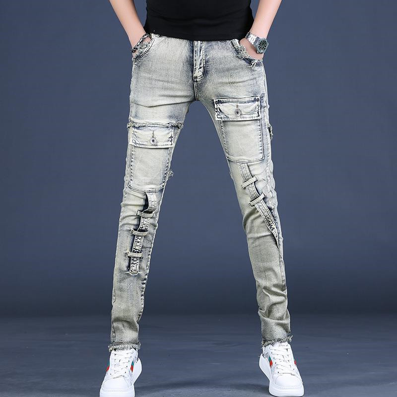 American Style Retro Heavy Industry Washed Tooling Jeans Men's Trendy Spring and Autumn Scraped Edge Slim Long Pants Skinny Pants