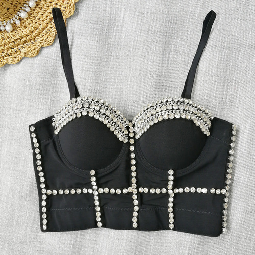 MAX Little Overlord's same style European and American fashion beaded and bright diamond hip-hop performance clothes slimming body-shaping clothes Internet celebrity suspenders for women