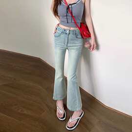浅色新款微喇叭牛仔裤女2026春夏高腰弹力紧身显瘦辣妹九分马蹄裤