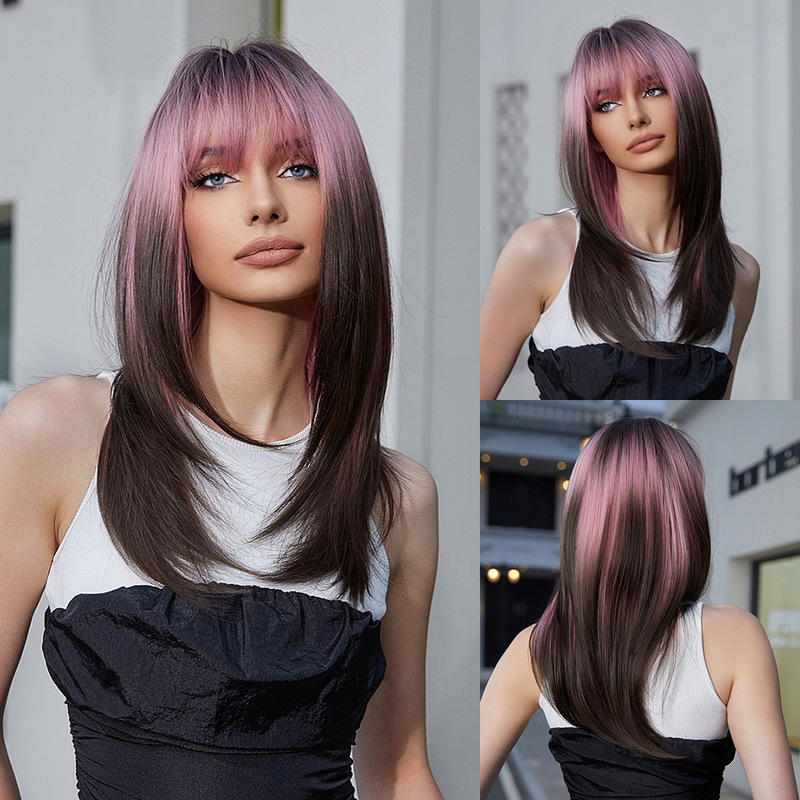New Full Head Cover cosplay Punk Pink Gradient Dark Brown cosplay Long Straight Hair Wig with Straight Bangs