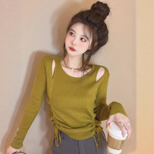 针织打底衫女秋装不规则毛衣抽绳小衫短款内搭长袖独特别致小上衣