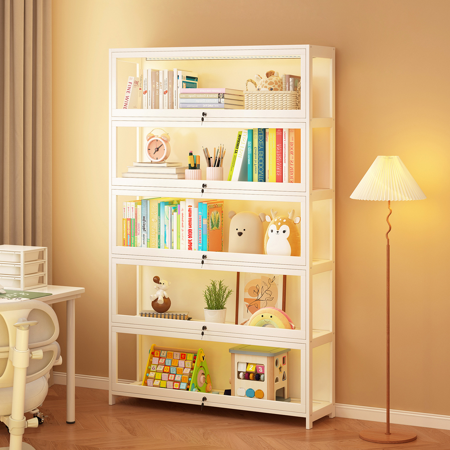 Bookcase Storage Cabinet Integrated Wall Bookshelf Floor-Standing Storage Cabinet Living Room Storage Household Dust-Proof Display Cabinet with Door