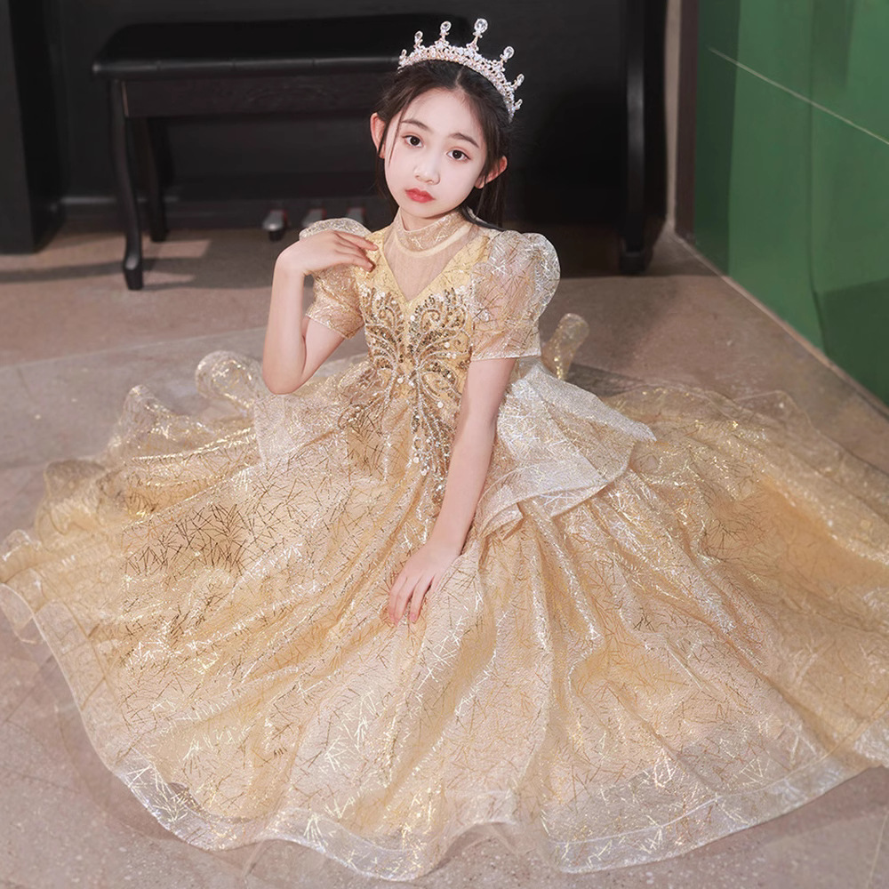 Girls' Princess Gown Dresses Luxury Boutique Flower Girl Wedding Gowns Birthday Party Children's Costumes Emcee Piano Performance_voghion.com