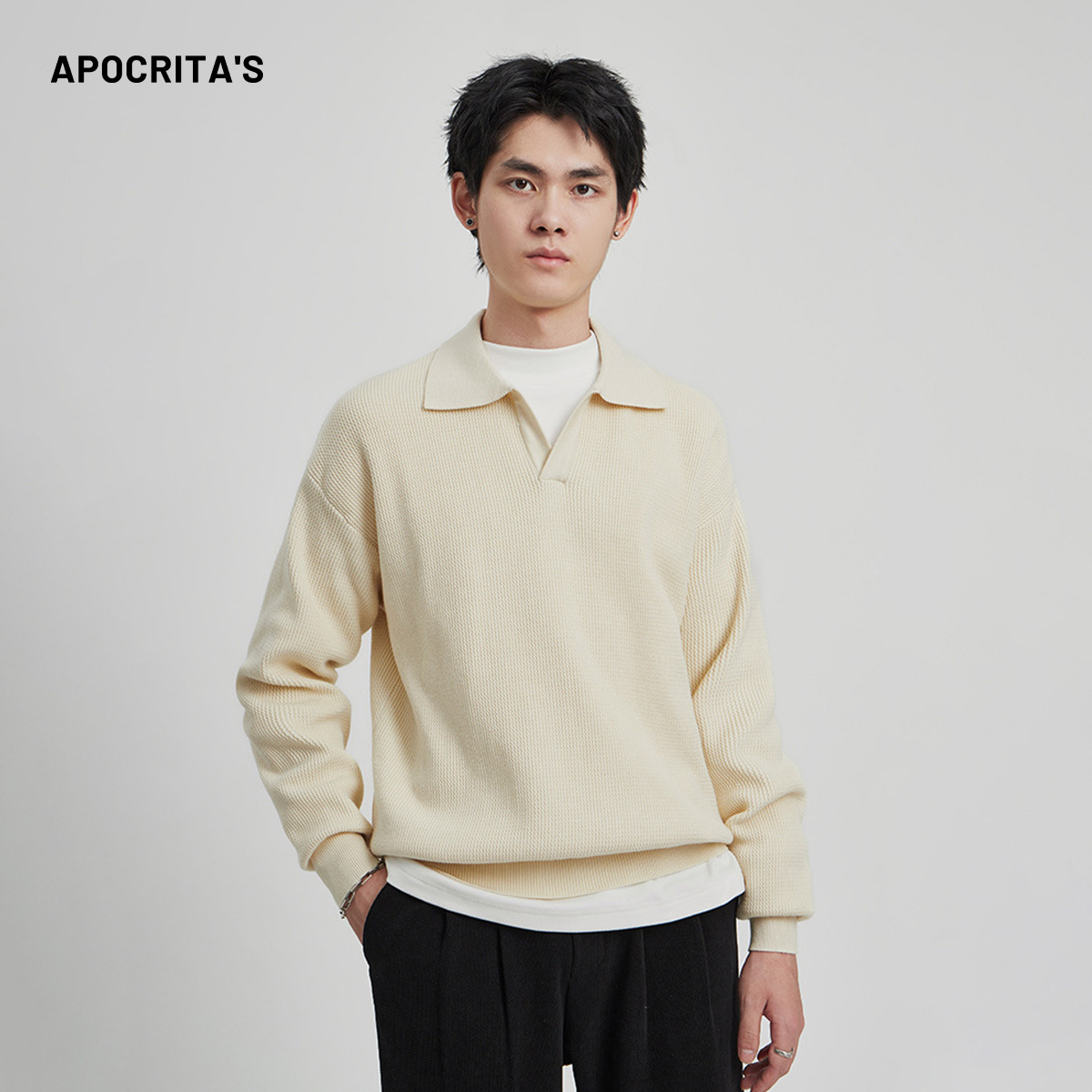 Apo Men's Wear | Lapel Knitwear Men's Autum Anti-Pilling V Neck Long-Sleeved Top Loose Polo Collar Men's Knitwear