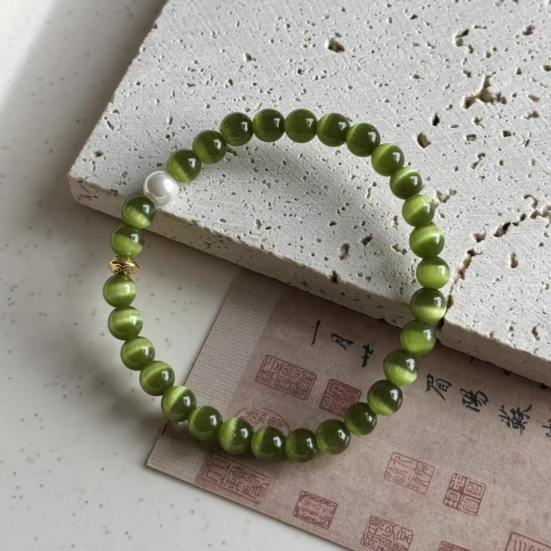 Spring Green | New Chinese Olive Green Cat's Eye Stone Bracelet Female Beaded Bracelet Original Design Niche High Sense