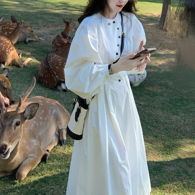 French Elegant Design Autumn New French Simple S-shaped Placket Design Tight Waist Slimming Lantern Sleeve dress Women