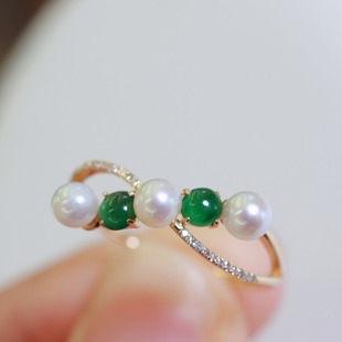 18K Gold Jadeite Jade Diamond Cross Pearl Ring Picture with 5-6mm Diamond 0.05/Ct Accessories Without Beads