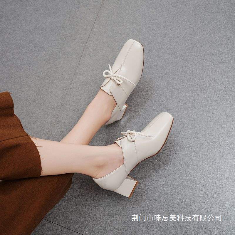 Women's Flats 2025 Spring New Style Student Korean Style Mid-Heel Versatile Leather Shoes British Style Chunky Heel Lace-Up High Heels