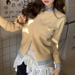韩系慵懒风假两件针织衫女春秋撞色拼接设计感奶黄色毛衣开衫外套