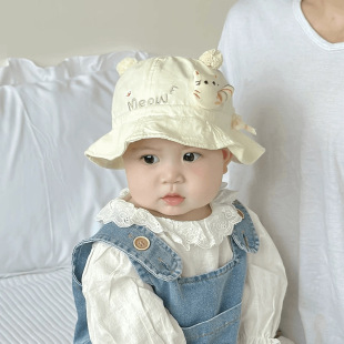 Spring and Autumn New Boys and Girls Baby Fisherman Hat Cartoon Cute Kitty Fisherman Hat Adjustable Sunshade Basin Hat