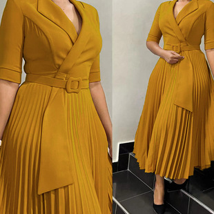 D3291 foreign trade women's clothing 2024 autumn and winter new OL fashion suit collar pleated waist plus size African dress