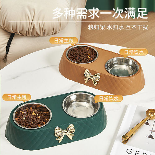 Stainless steel cat bowl neck guard cat basin drinking water double bowl one heightened pet bowl pet pet supplies wholesale