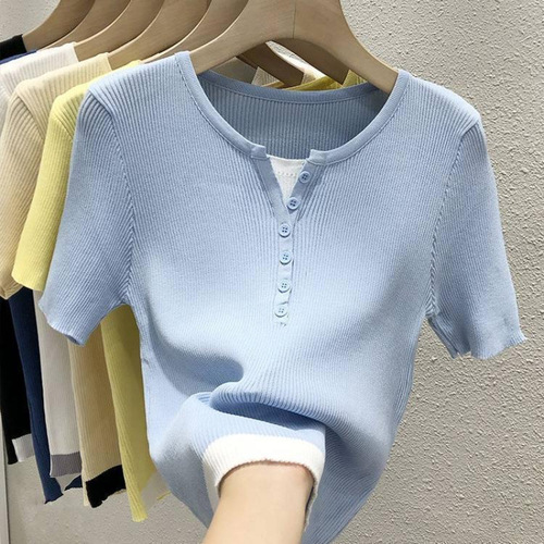 Women's Summer Short Sleeve T-shirt, Thin Ice Silk Knit Top, 2025 Fake Two-Piece White Short-sleeve Blouse