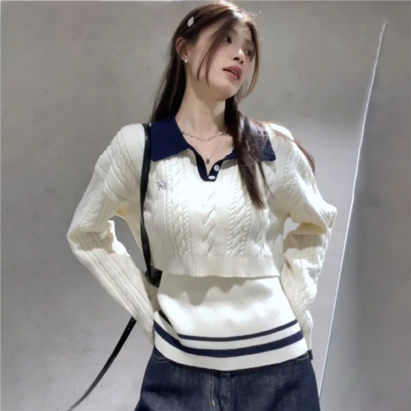 秋冬韩系穿搭一整套装学院风刺绣翻领短款毛衣女叠穿条纹针织背心|undefined