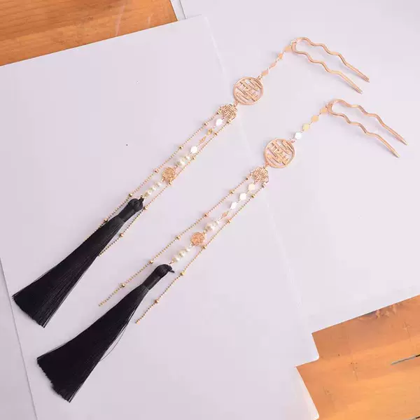 Niche style red black white tassel hairpin super long tassel ear hanging Hanfu headdress hair accessories