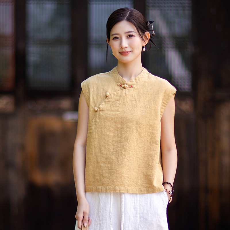 2026 Summer New Cotton and Linen Artistic National Style Sleeveless Blouse Retro Button Pullover T-Shirt New Chinese Style Women's Top 2026 Summer New Cotton and Linen Artistic National Style Sleeveless Blouse Retro Button Pullover T-Shirt New Chinese Style Women's Top
