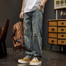 破洞牛仔裤男春季新款复古水洗做旧休闲长裤美式高街宽松直筒裤子
