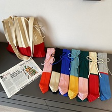 韩系褶皱拼色单肩包出游大容量托特包撞色针织抽绳包袋时髦手提