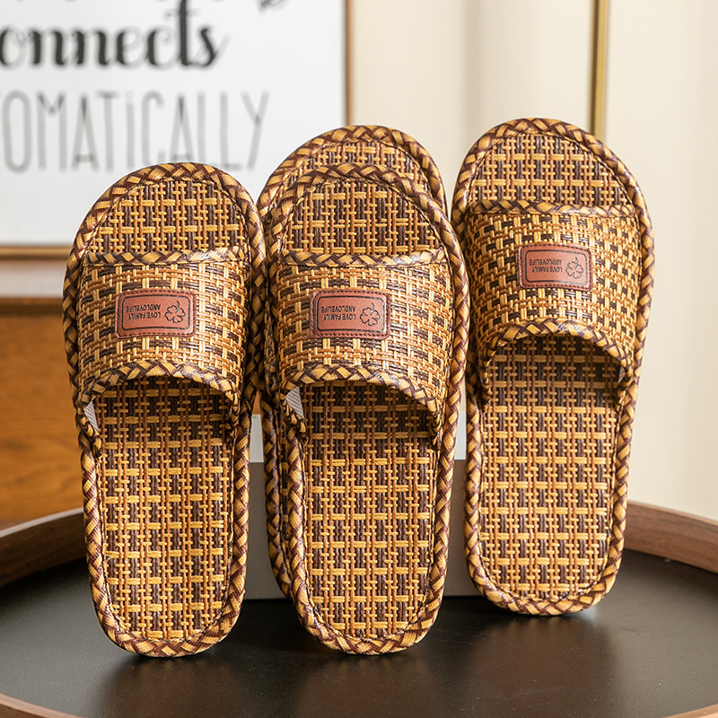 Rattan Sandals for Men's Home Summer Straw Thick-Soled Non-Slip Wear-Resistant Indoor Household Soft-Soled Linen Slippers for Women
