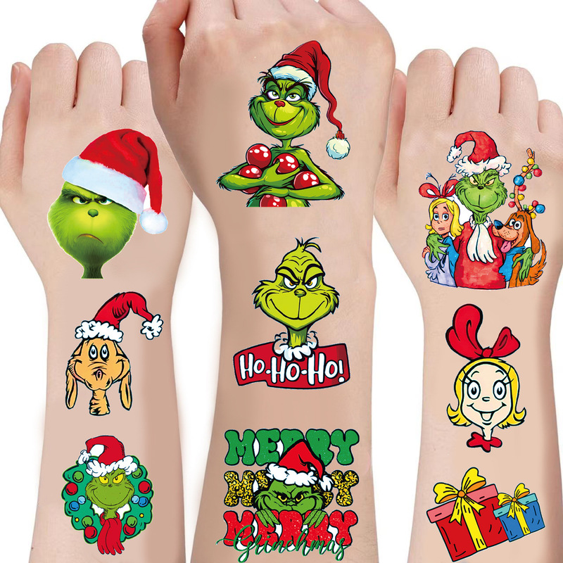 Cross-Border New Green-Haired Monster Grinch Christmas Tattoo Stickers Cute Cartoon Holiday Party Temporary Tattoo Stickers