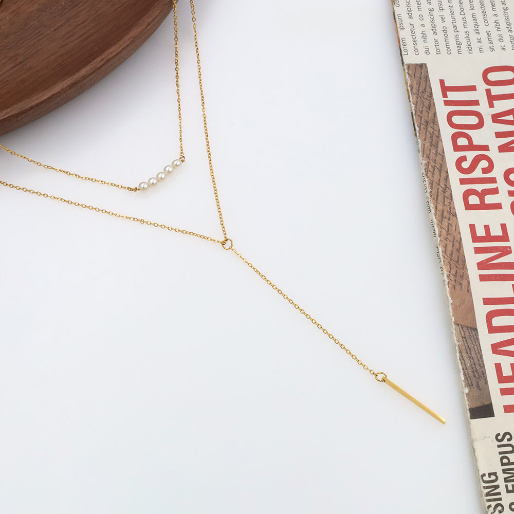 Simple Style Double Layered Fringe Pearl Stainless Steel Necklace