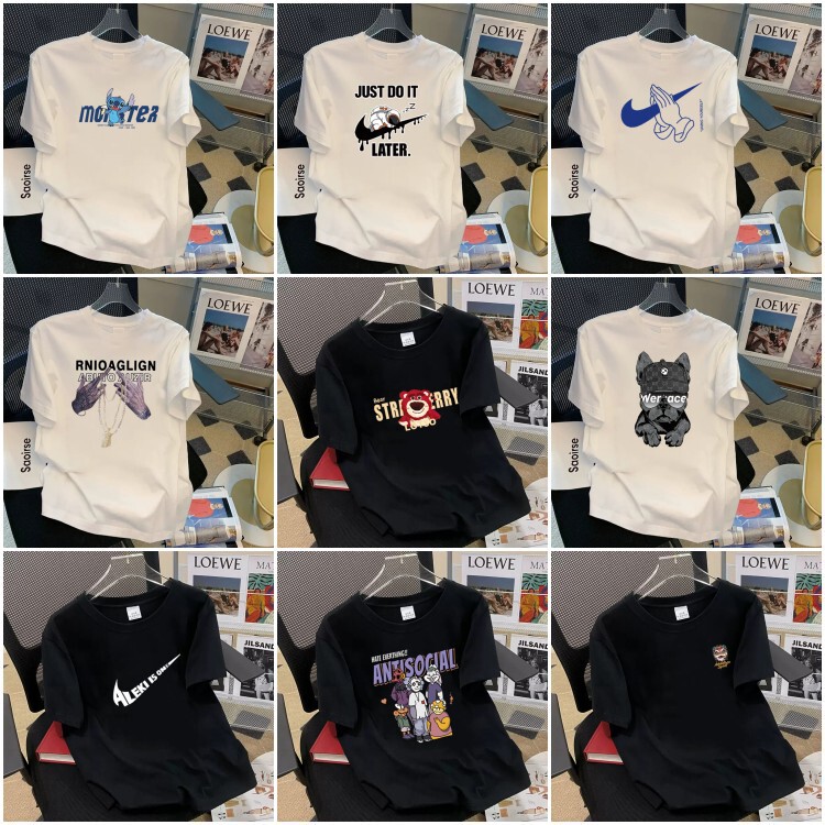 Pure Cotton T-Shirt 2025 New Fashion Brand Sports Men's Loose plus size Crewneck Printed Internet Celebrity Base Top