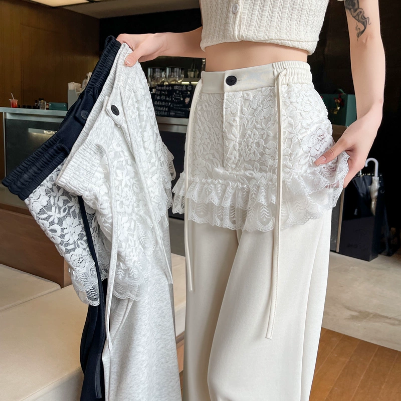 Кружевной костюм широкие брюки женские летние 2025 новая высокая талия тонкая свободная прямая брючка