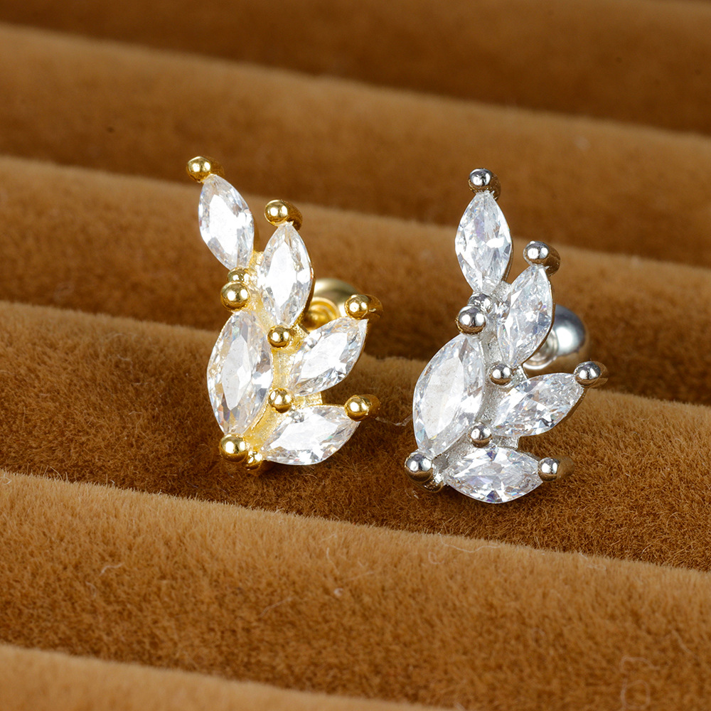1 Piece Ig Style Shiny Leaves Plating Inlay Stainless Steel Zircon Ear Studs display picture 1