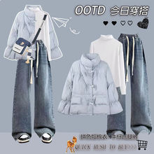 冬季套装女学生韩系宽松牛角扣立领棉服打底衫牛仔裤三件套