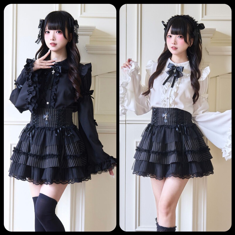 Dark Gothic Lace Girl's Mass-Produced Stand-Collar Lace Long-Sleeve Shirt Top and Cross-Waist Slimming Skirt Set