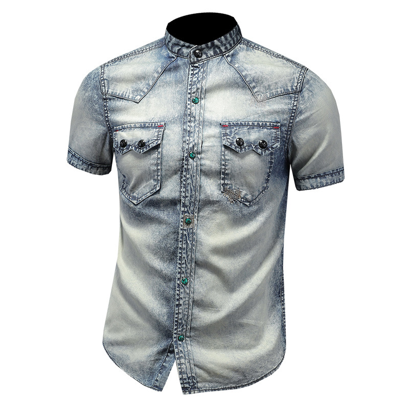 Camicia da uomo a maniche corte con colletto alto, stile europeo e americano per il commercio estero, camicia slim fit in denim lavato vintage per_voghion.com