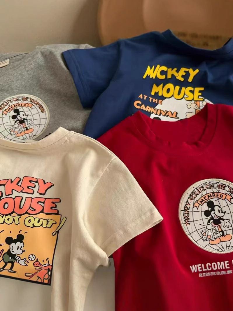 Uşaq üçün pambıq Mickey Mouse çaplı yay futbolkası