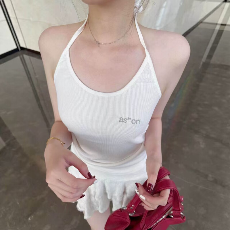 2026 Summer New Korean Style Sweet Cool Letter Embroidery Lace-Up Halter Backless Slim-Fit Camisole for Women 2026 Summer New Korean Style Sweet Cool Letter Embroidery Lace-Up Halter Backless Slim-Fit Camisole for Women