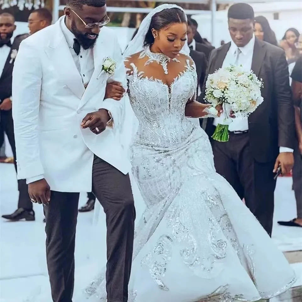 婚纱礼服2024新款蕾丝重手工拖尾婚纱 修身显瘦深Vweddingdress