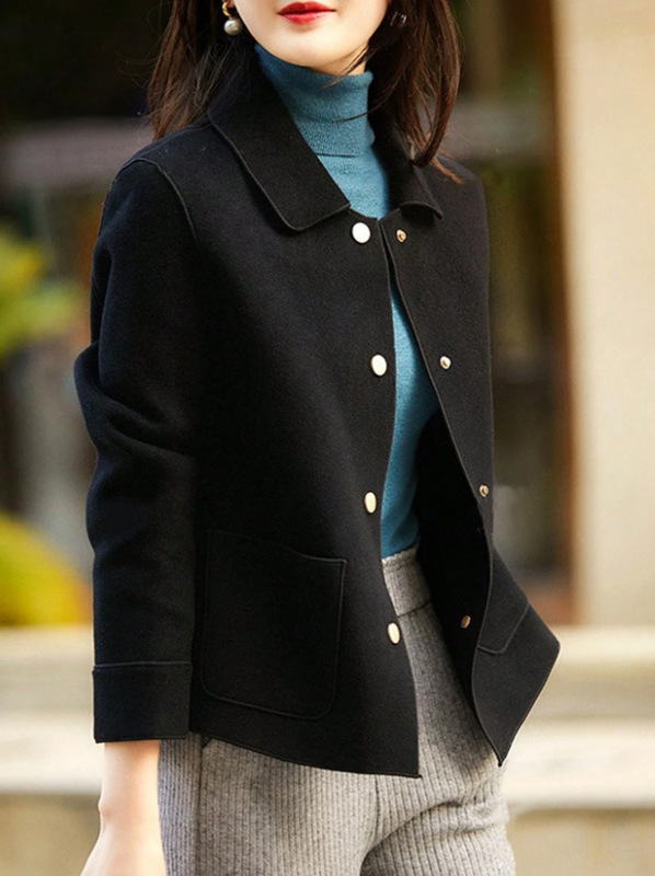 2025跨境欧美新款独立站女士短款双面呢外套翻领长袖金属纽扣外套|undefined