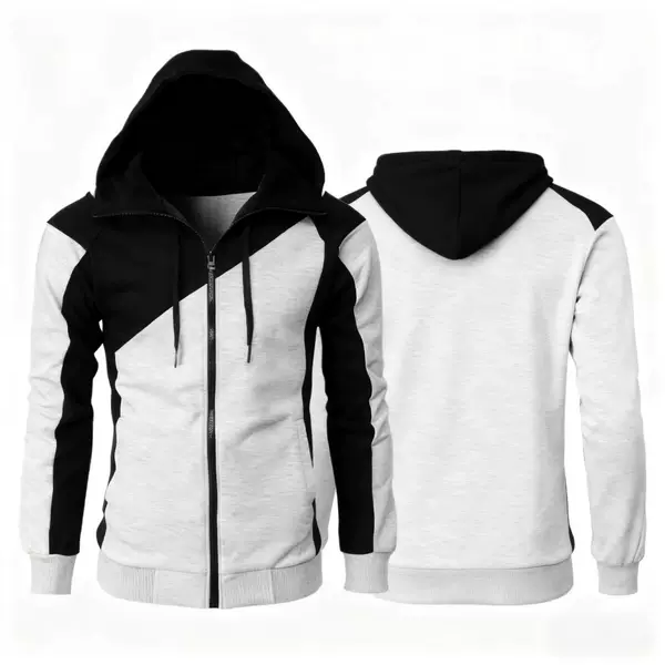 New Cross-Border Fitness Sweatshirt for Men, Full Zip, Hooded, Patchwork, European Size, Versatile Long-Sleeve Jacket, Sports Shirt