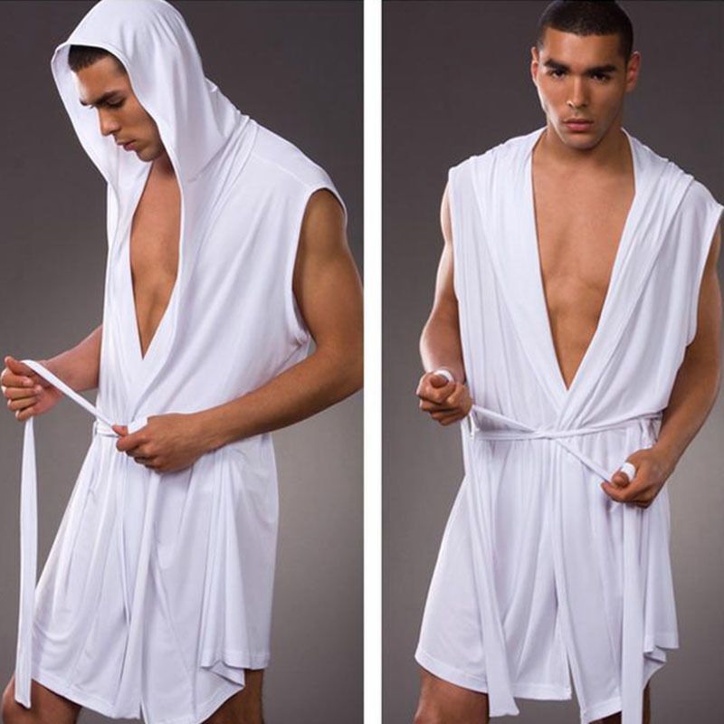 European Version Men's Bathrobe Men's Hooded Sleeveless Thin Smooth Milk Silk Export Six-Color Bathrobe Without Underwear