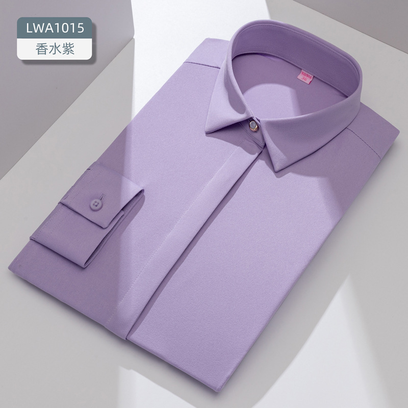 Camisa de negocios de manga larga, color liso, elástica, corte ajustado, ropa de trabajo blanca, ropa formal, ropa profesional, camisa elegante de fibra de bambú para mujer. image 16