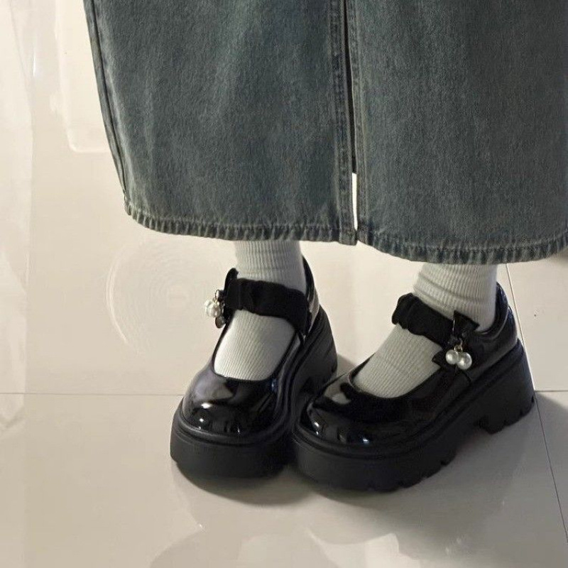 かわいいフレンチ厚底メリージェーンレザーシューズ女性用2025春秋新作スカート付きラウンドトゥパール太ヒールシューズ|undefined