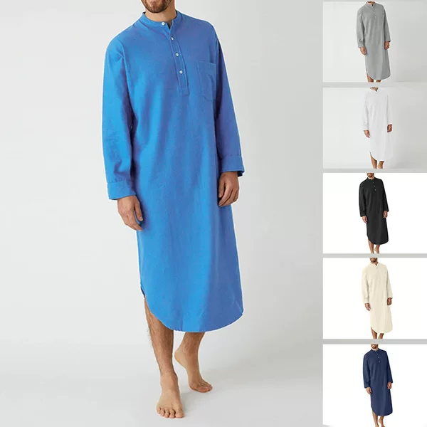 Spring and Autumn Men's Nightgown, Long-Sleeved Button-Down Solid Color Long Shirt, Casual Loose Men's Robe