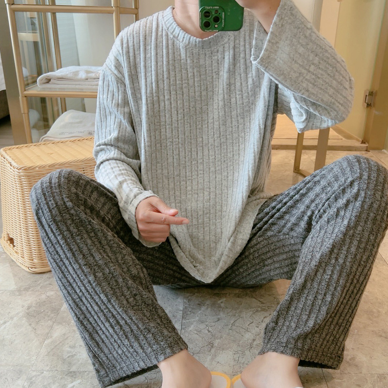 High-End Gray Pajamas for Men in Autumn and Winter Warm Knitted Brushed Large Size Plus Fat Long-Sleeved Spring & Fall Home Wear Set