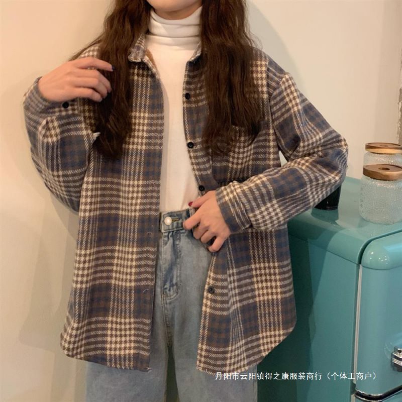 秋冬加绒加厚格子衬衫女复古港味宽松毛呢外套休闲衬衣上衣冬|undefined