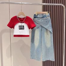 女童夏装套装2025新款潮儿童洋气T恤夏款女宝宝时髦牛仔裤两件套