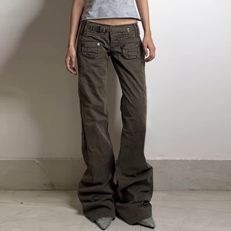 2024 Winter New All-match Commuter Solid Color Metal Buckle Cover Bag Slim-fit Low Waist Wide Leg Slip Pants Jeans