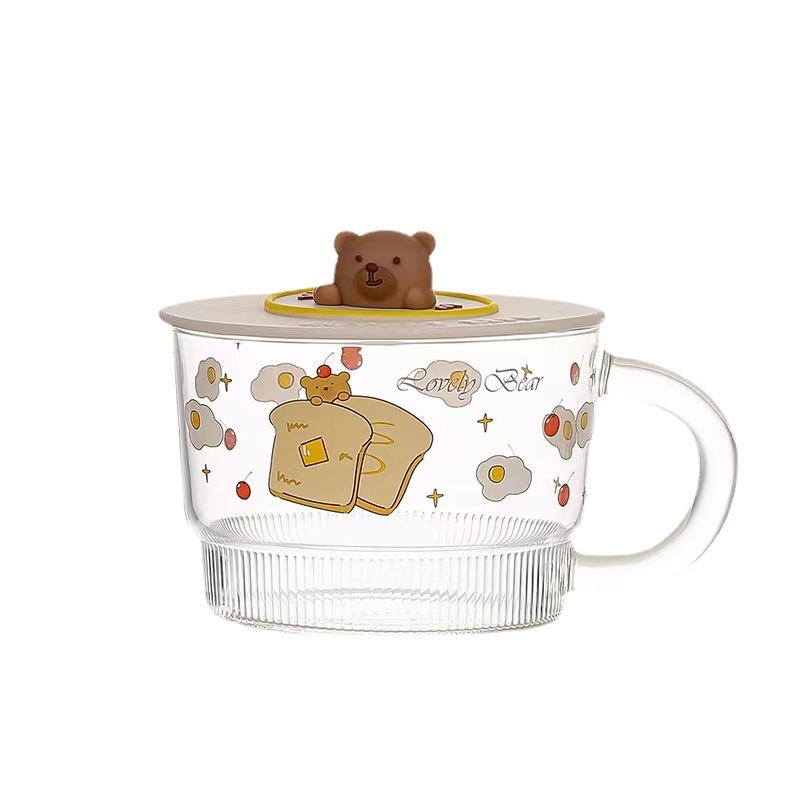 Creativo lindo pan oso de dibujos animados de vidrio de gran capacidad taza de agua de vidrio con tapa taza de desayuno taza de regalo personalizada