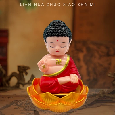 Solar-Powered Lotus Base Buddha Head Nodding and Shaking Ornament for Car Interior Decoration Craft Car Lotus Ornament